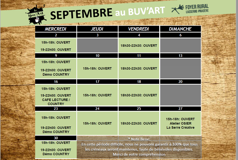 Programme de Septembre au BUV’ART