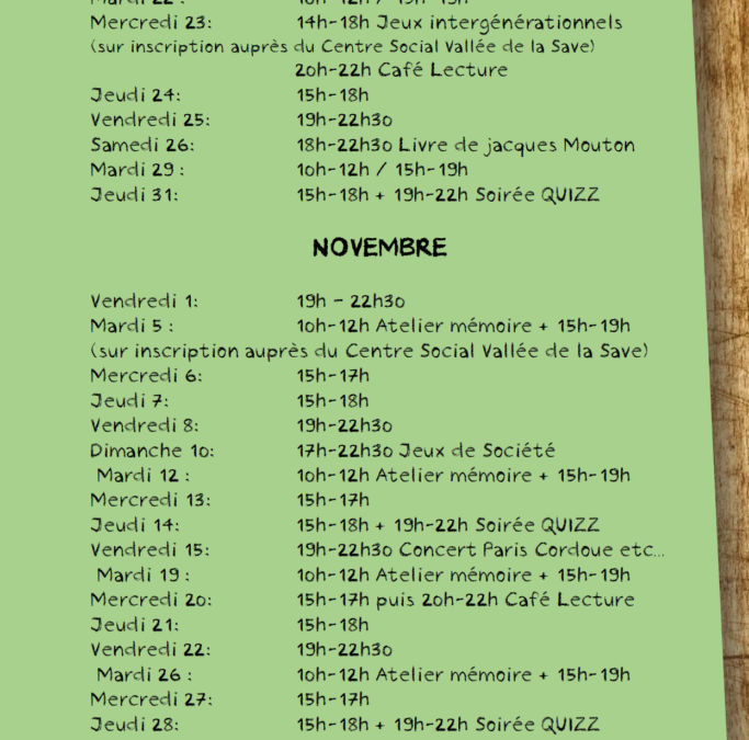 Programme du Buv’Art Octobre – Novembre